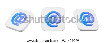 Set of three icons blue email at symbol on white tile isolated over white background. Internet communication application concept. 3d render illustration.