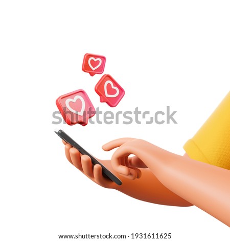 Cartoon character hand holding smartphone with social network like heart icons isolated over white background. 3d render illustration