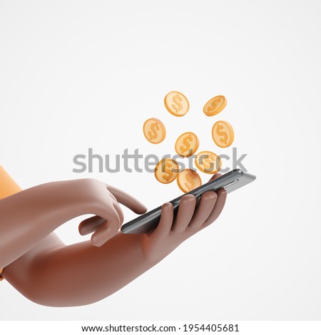 Cartoon character african american hands holding smartphone with flying dollar coins over white background. Online banking concept. 3d render illustration