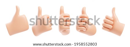 Set of cartoon human hands thumb up for success or good feedback, positive concept and like symbol isolated over white background. 3d render illustration.