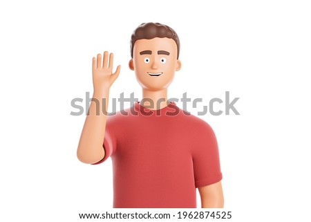 Happy cartoon character man in red t-shirt waving hand and saying hello isolated over white background. 3d render illustration.