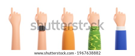 Set of five cartoon character hand pointing at something or push touch screen on isolated white background. Blue suit, yellow shirt and smart watch. 3d render illustration.