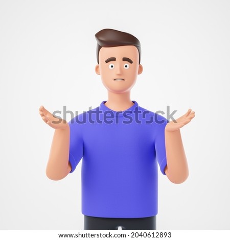 Sad confused cartoon character man in purple t-shirt isolated over white background. 3d render illustration.