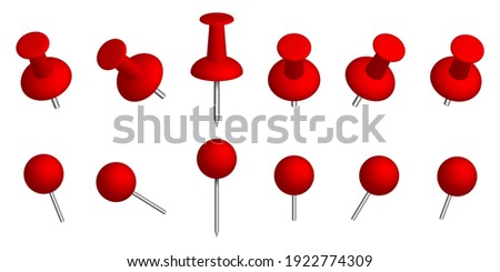 Push pins. Thumbtacks. Set of push pins in different angles.