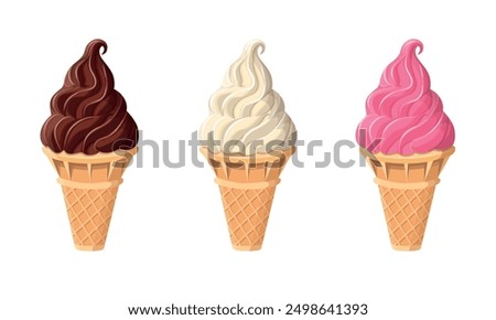 Set of ice cream cones with various flavors. Ice cream in chocolate, vanilla, and strawberry flavors. Cartoon vector illustration icons