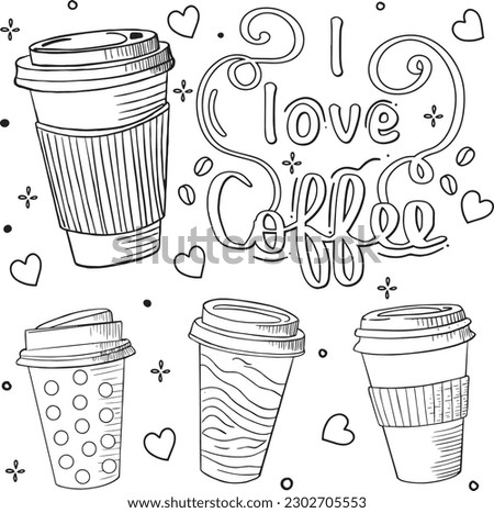 I love coffee font with flower elements. Hand drawn with inspiration word. Doodles art for greeting cards. Coloring for adult and kids. Vector Illustration.