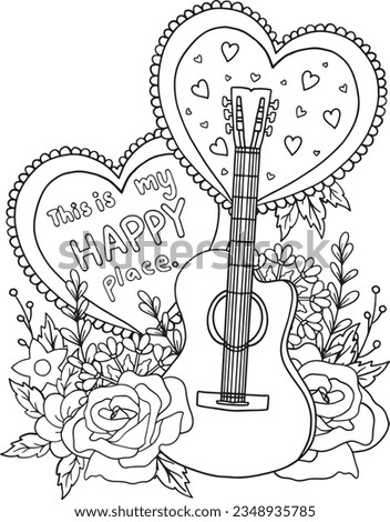 This is my happy place with Guitar and heart. Hand-drawn inspiration. Anti-stress and relaxation meditation. Happy Valentine's Day card. Coloring book for adults and kids.