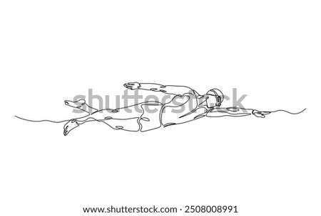 Continuous line drawing of swimmer in action. Athlete swimming simple outline illustration. 