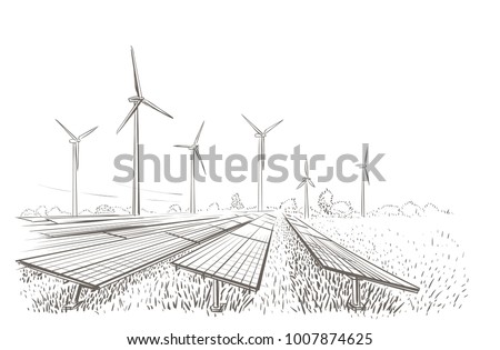 Alternative sources of energy(wind, solar) hand drawn sketch. Vector.