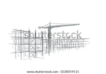 Construction site line sketch, hand drawn, vector.