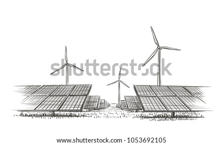 Alternative sources of energy (wind, solar) hand drawn sketch. Vector.