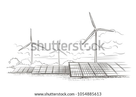 Alternative sources of energy (wind, solar) hand drawn sketch (2). Vector.