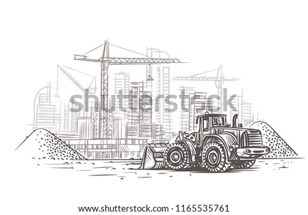 Dozer on construction site sketch. Vector. Layered.