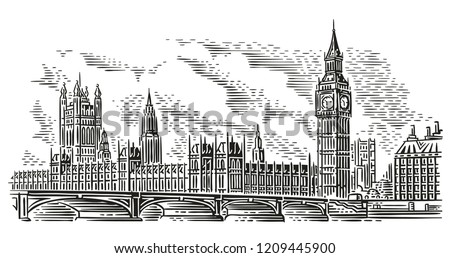 London Cityscape Vector Illustration, engraving style. Westminster Palace, Westminster Bridge, Elizabeth tower (Big Ben). Isolated. (Sky background in separate layer). 