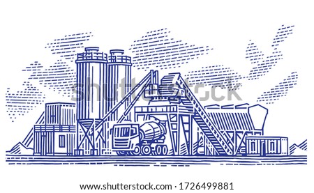 Concrete batching plant/cement mixing silo monochrome illustration, isolated, vector.