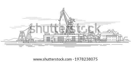 Industrial port line art sketch, vector.	
