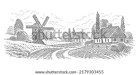 Rural countryside scene with old windmill and traditional houses engraving style line illustration. Vector.