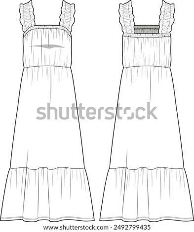 Womenswear summer spring dress with ruffle and tiered dress and elasticated waist technical drawing flat sketch CAD ADOBE Illustrator vector digital