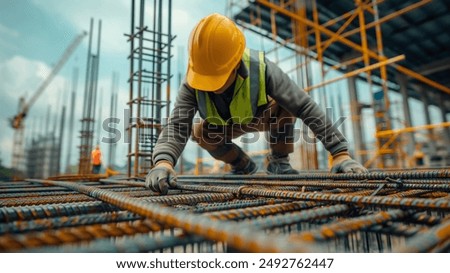 Similar – Image, Stock Photo A construction site is secured by green plastic barrier beacons / lane narrowing / construction fence