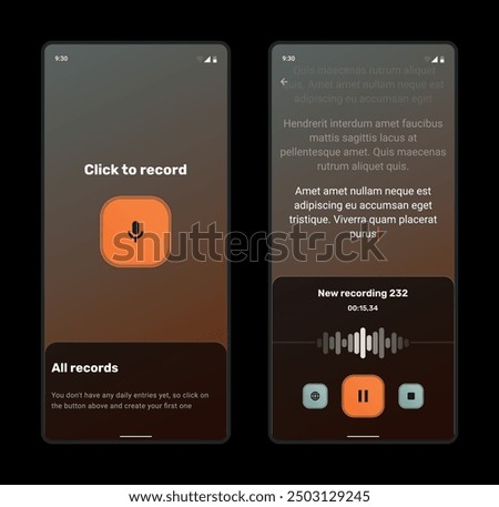 Illustration of app screens for voice recording and conversion to text,  orange, black