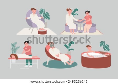 The image shows a set of illustrations of people in a spa. In the first illustration, a woman is lying on a massage table, getting a massage from a therapist. In the second illustration, a woman is si