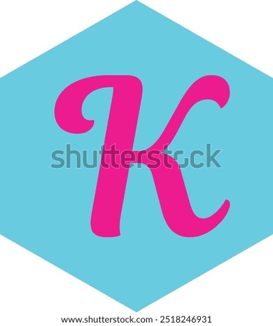 a blue hexagon with a pink letter k