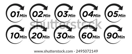 1, 2, 3, 4, 5, 10, 20, 30, 60, 90 min, minutes vector icon set.