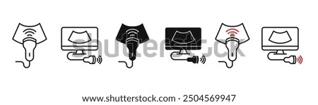 Ultrasound equipment icon set. Woman pregnancy internal ultrasonography medical device. Ultrasonic transducer symbol. Sound waves thin line pictogram for ultrasound.