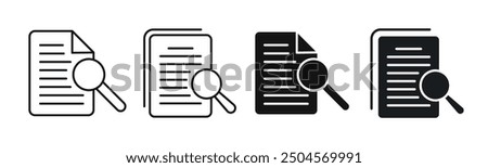 Search result line icon set. Financial statement overview and online research analysis vector symbols. Data optimization sign. Online review document verification icon. Audit and case study symbol.