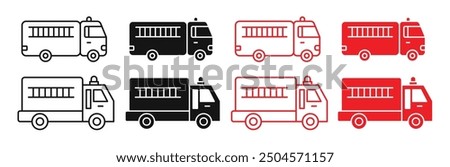 Fire emergency firetruck icon set.  fire truck with ladder silhouette and line icon in black and red colors