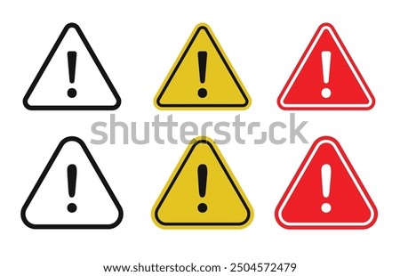 Danger warning icon set. Alert triangle warn sign in black, yellow, and red colors. Exclamation sign 