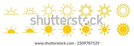 Yellow sun vector icon set 