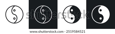 Yin yang icon collection in black and white filled and stroke line style.