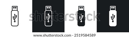 USB icon collection in black and white filled and stroke line style.