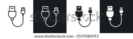 USB cable icon collection in black and white filled and stroke line style.