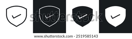 Shield check icon collection in black and white filled and stroke line style.