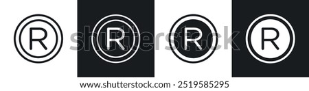 Registered trademark icon collection in black and white filled and stroke line style.