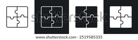 Puzzle icon collection in black and white filled and stroke line style.