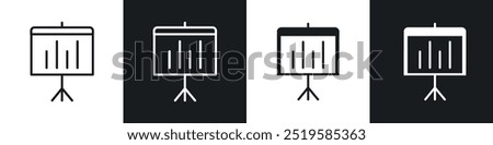 Presentation board icon collection in black and white filled and stroke line style.