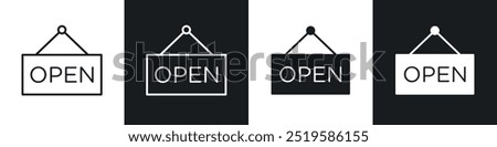 Open sign icon collection in black and white filled and stroke line style.