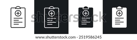 Medical report icon collection in black and white filled and stroke line style.