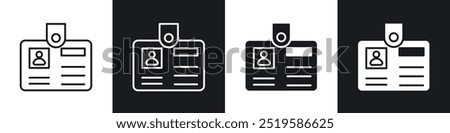 ID badge icon collection in black and white filled and stroke line style.