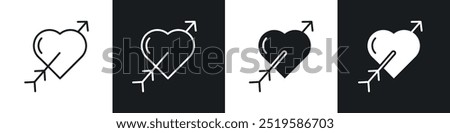 Heart with arrow icon collection in black and white filled and stroke line style.