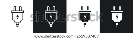 Electric plug icon collection in black and white filled and stroke line style.