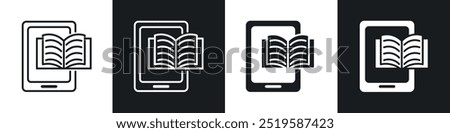 Ebook icon collection in black and white filled and stroke line style.