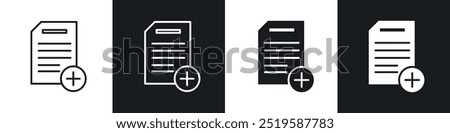 Add document icon collection in black and white filled and stroke line style.