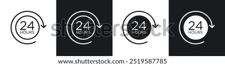 24 hours icon collection in black and white filled and stroke line style.