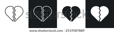 Broken heart icon collection in black and white filled and stroke line style.