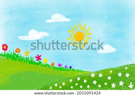 Crayon kid hand drawn landscape view with sun, mountains, meadow, flowers, clouds, land and flower field. Childlike crayon wax picture drawing, Vector illustration
