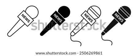 news microphone vector icon set. tv reporter interview mike symbol. journalist mic symbol in bkack color.